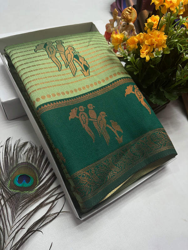Bridal Silk Saree – Parrot Green with Traditional Bird Motif