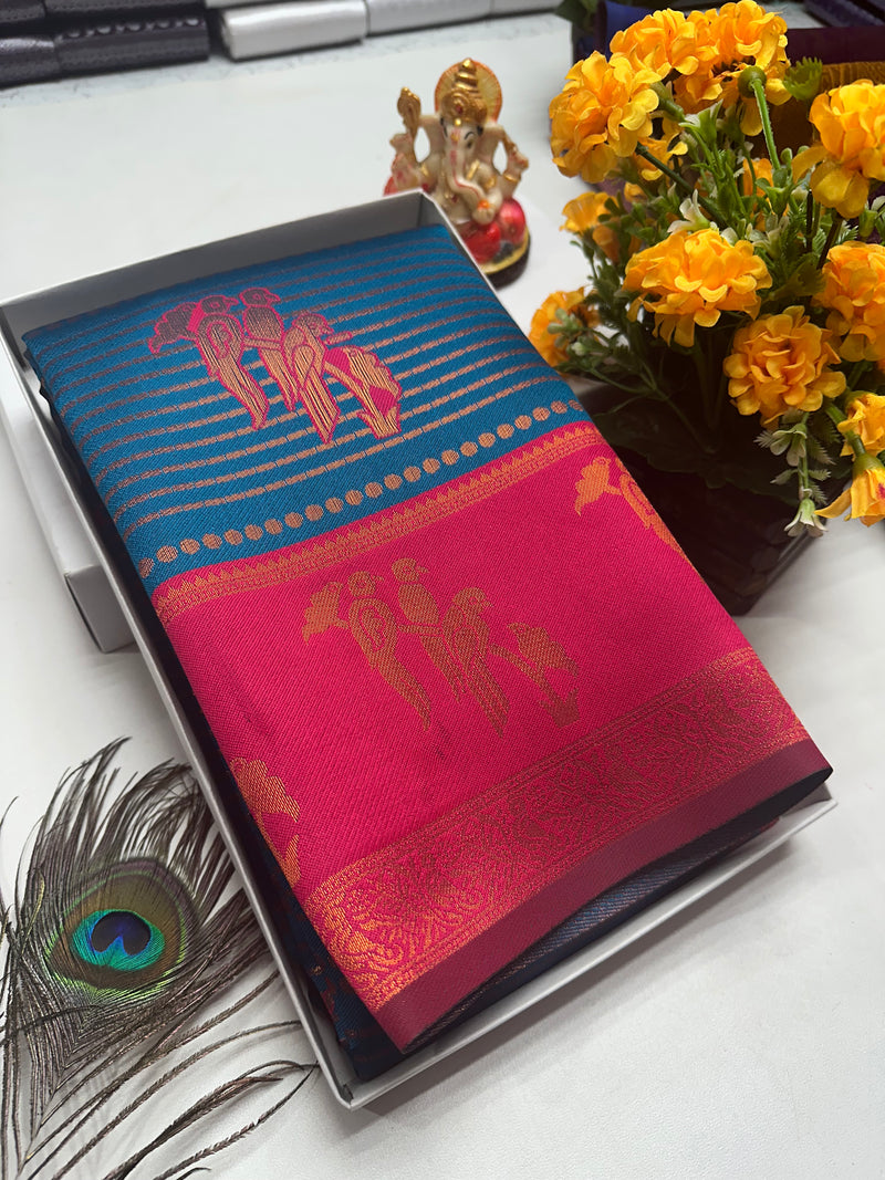 Bridal Silk Saree – Peacock Blue with Rani Pink Parrot Motif Zari