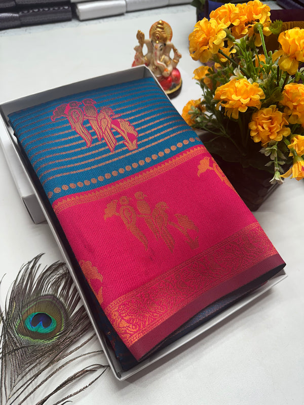 Bridal Silk Saree – Peacock Blue with Rani Pink Parrot Motif Zari