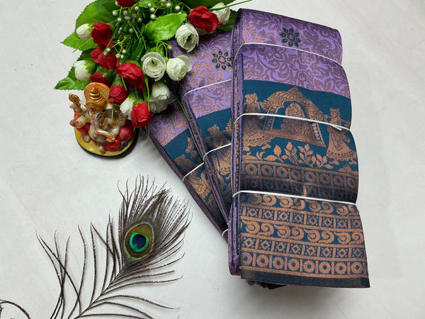 Bridal Silk Saree – Purple with Teal Blue Radha Krishna Temple Border
