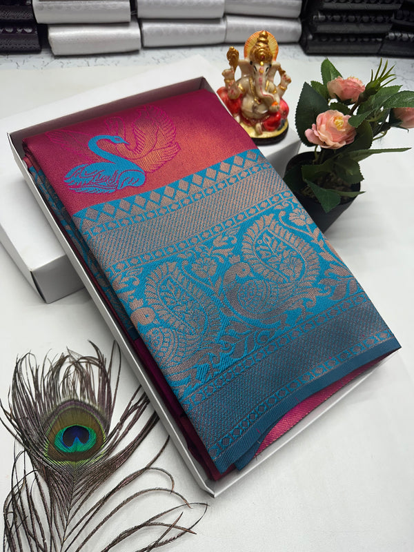 Bridal Silk Saree – Rani Pink with Peacock Blue Swan and Floral Weave (2)
