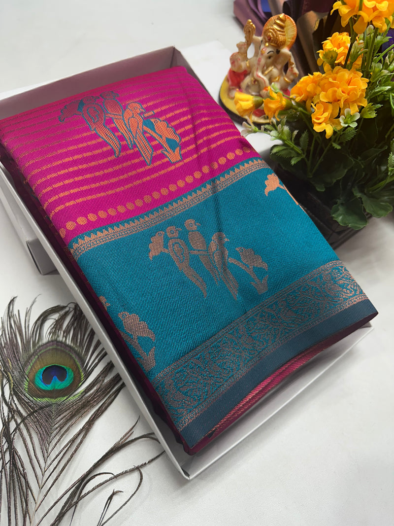 Bridal Silk Saree – Rani Pink with Teal Parrot Motif Zari Border