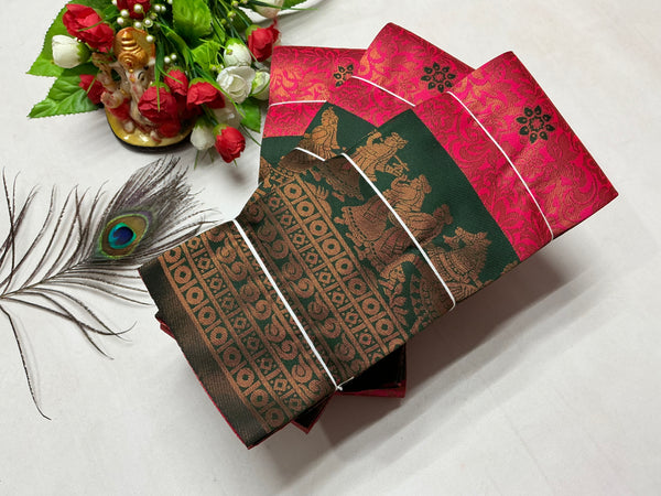 Bridal Silk Saree – Red with Dark Green Radha Krishna Temple Border