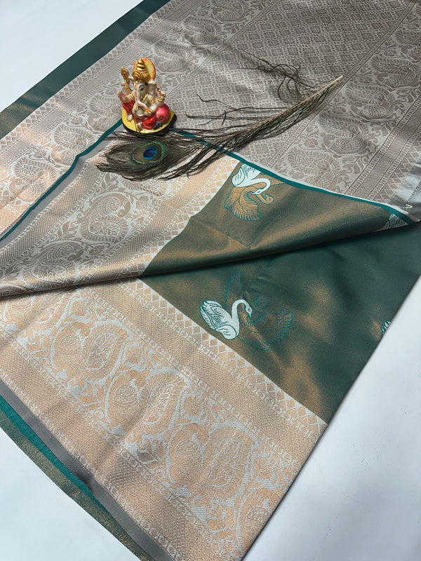 Bridal Silk Saree – Silver Grey with Bottle Green Swan and Rich Pallu