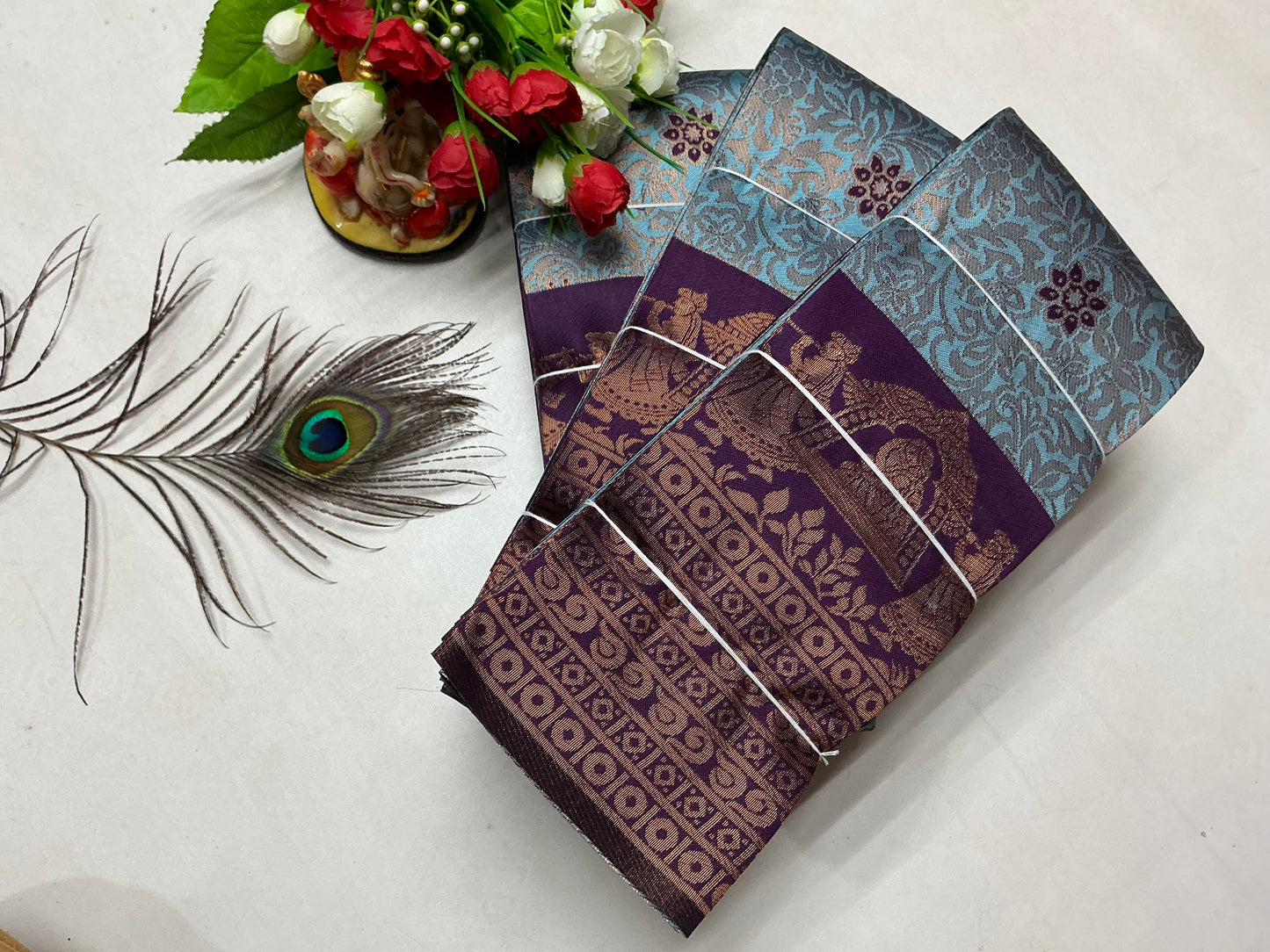 Bridal Silk Saree – Sky Blue with Violet Radha Krishna Temple Border