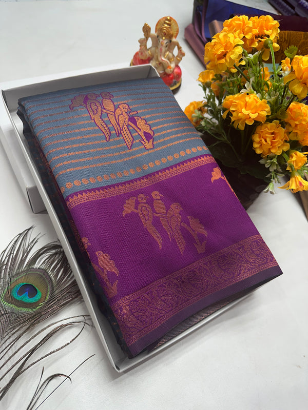 Bridal Silk Saree – Steel Grey with Violet Parrot Motif Zari Border