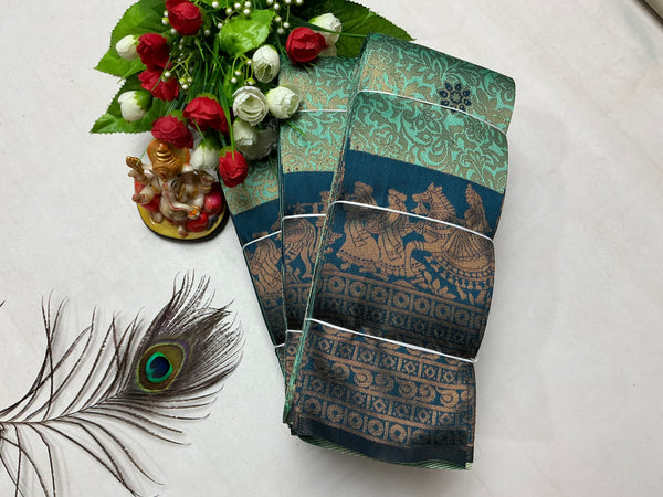 Bridal Silk Saree – Teal Green Zari with Royal Horse Motif