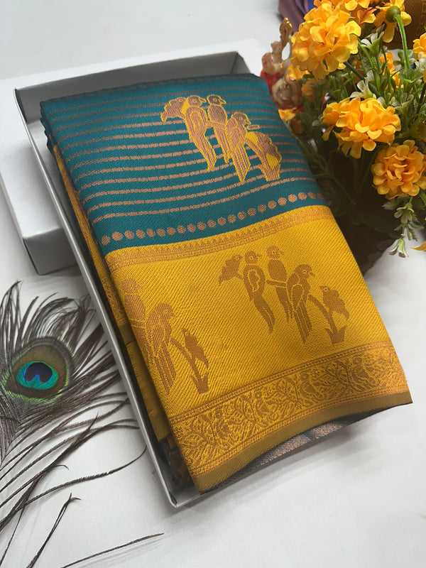 Bridal Silk Saree – Teal Yellow with Zari Parrot Cascade