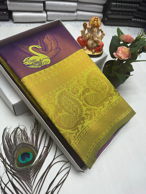 Bridal Silk Saree – Violet-Yellow Gradient with Majestic Swan Zari