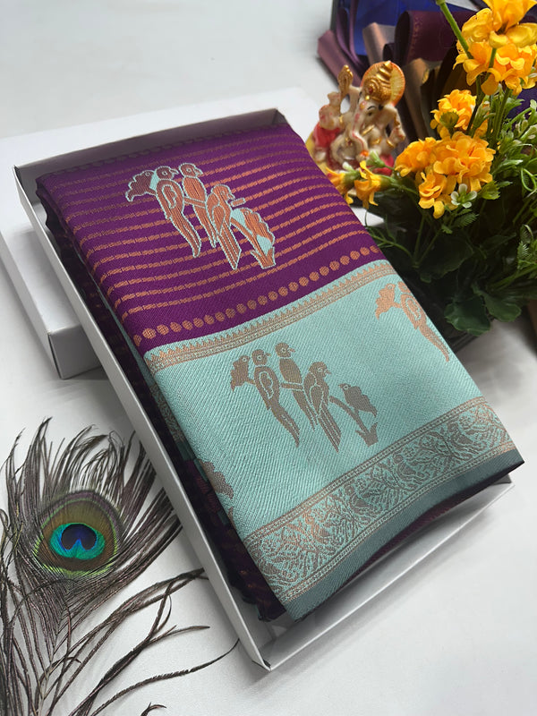 Bridal Silk Saree – Violet with Mint Green Parrot Motif and Zari Border