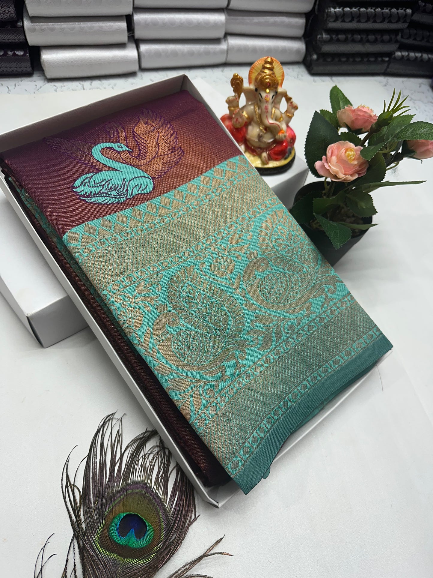 Bridal Silk Saree – Wine Ombre with Aqua Peacock Zari