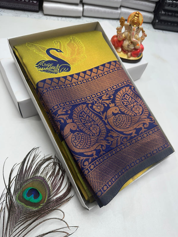 Bridal Silk Saree – Yellow with Royal Blue Swan and Paisley Zari (2)