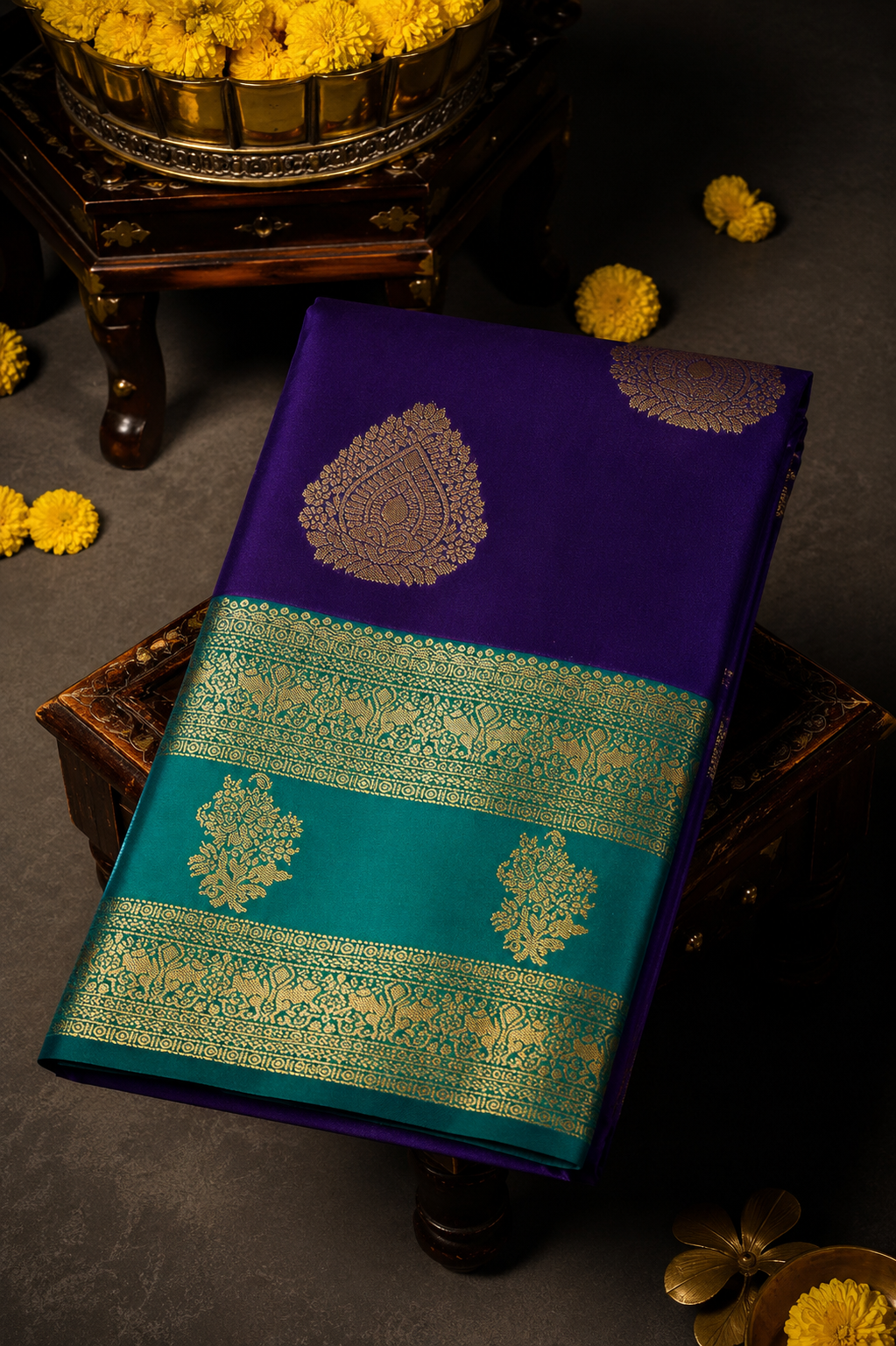 Premium Kanchi Silk Saree – Royal Plum with Aqua Green Border | Elegant Traditional Wear | Sri Nandhini Tex | SNTKS11