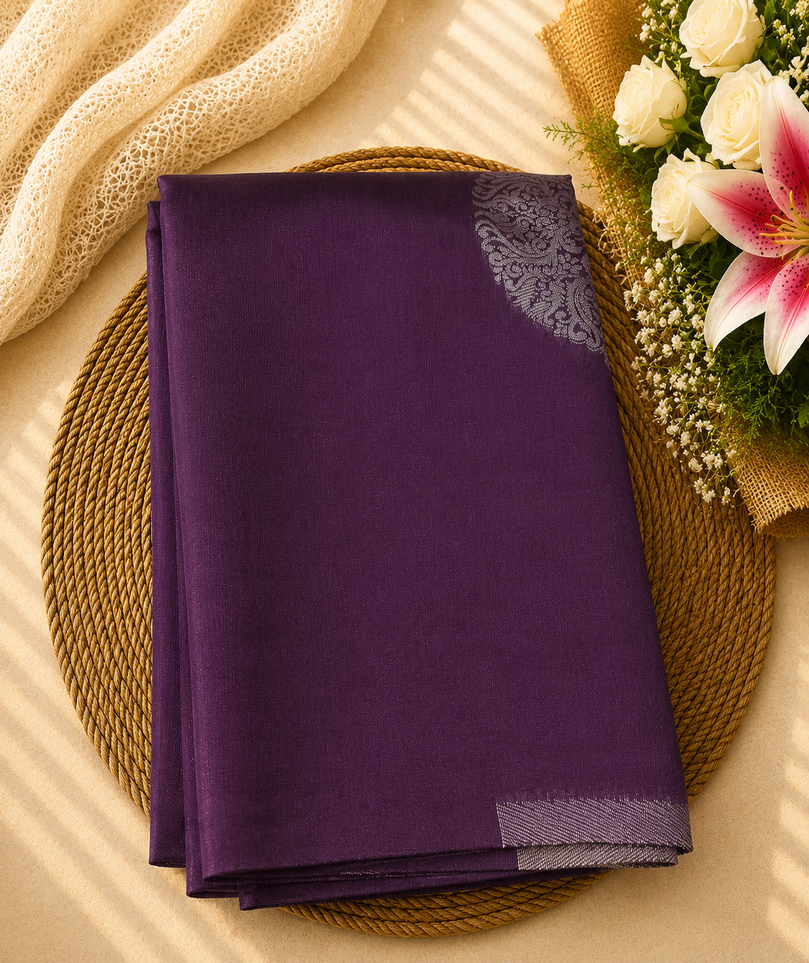 Semi Soft Silk Offer Saree | Deep Purple | Elegant Silver Zari weaving | Sri Nandhini Tex | Code: SNTAOS01