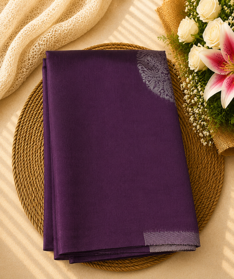 Semi Soft Silk Offer Saree | Deep Purple | Elegant Silver Zari weaving | Sri Nandhini Tex | Code: SNTAOS01
