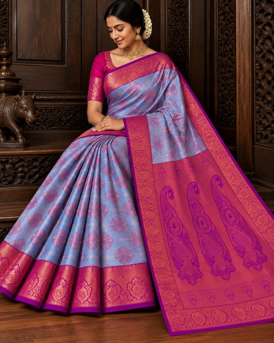 VIVAHA Pattu Saree for Women | Periwinkle Blue & Rani Pink Contrast | Premium Wedding Silk Saree | Rich Zari Border & Grand Pallu | With Blouse Piece | Direct Manufacturing – Sri Nandhini Tex