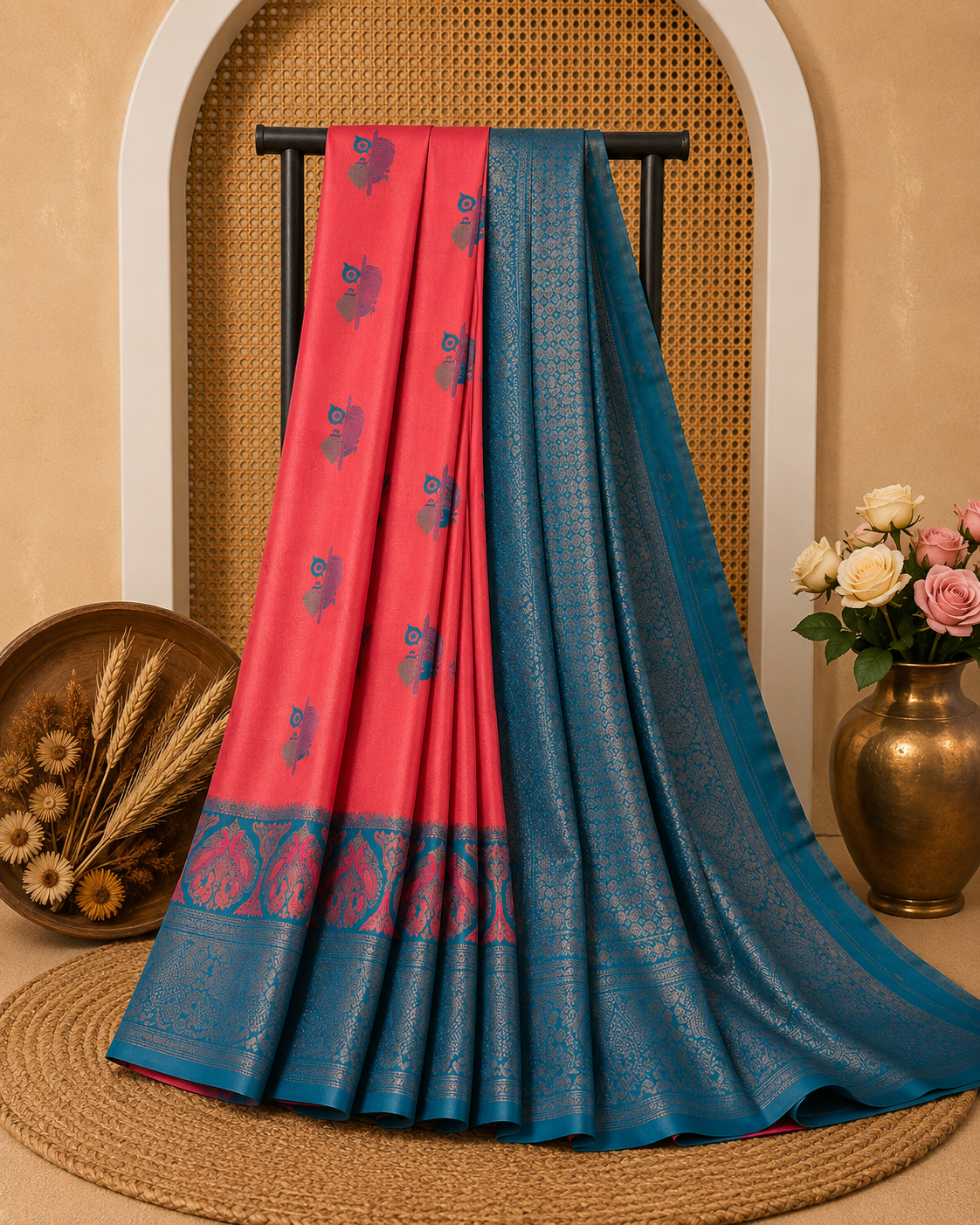 Mayura Silk Saree | Elegant Festive Wear Soft Finish | Coral Pink & Peacock Blue | Sri Nandhini Tex | MYS001