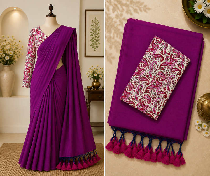 Cotton Saree with Kalamkari Blouse | Deep Magenta | Sri Nandhini Tex | Code: SNTCK103