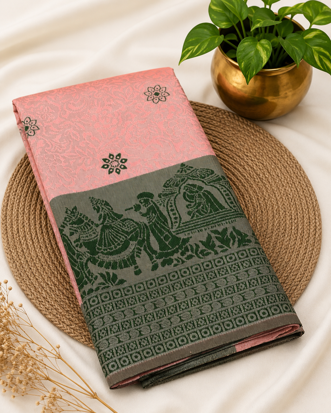 Premium Pallaku Silk Saree – Soft Pink with Green Contrast | Festive Silk Saree | Sri Nandhini Tex | SNTS007