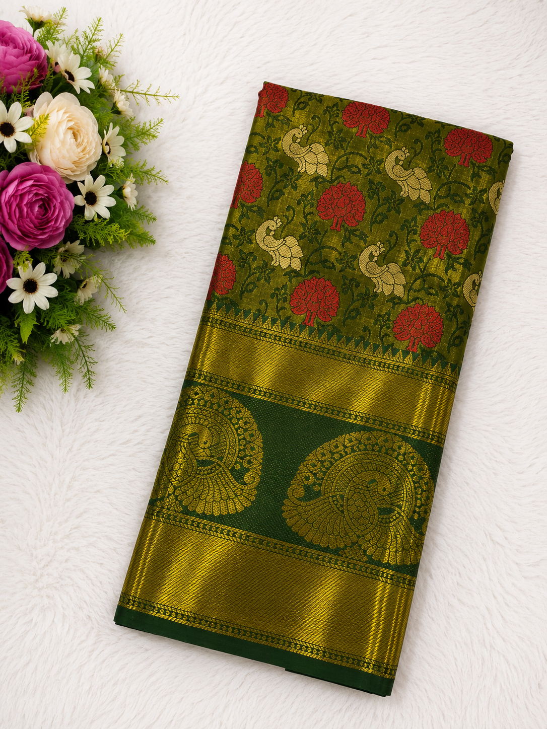 Olive Green
Peacock Tissue Soft Silk | Olive Green | Elegant Festive Wear | Hot Selling @ Just ₹299 | Sri Nandhini Tex | Code: SNTPOS03