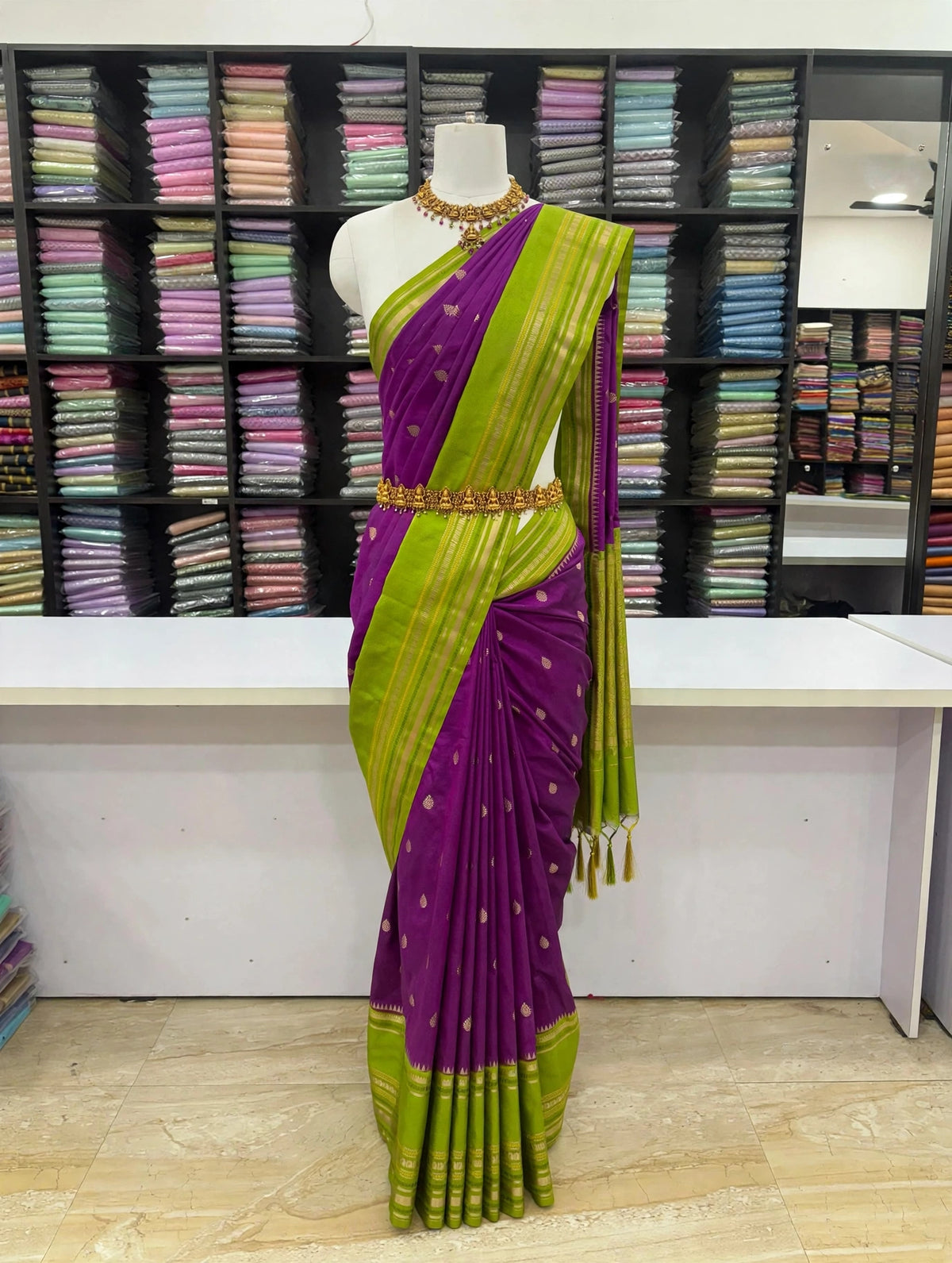 Premium Purple Raw Mango Silk Saree with Lime Green Zari Border | SNTRM001 | Sri Nandhini Tex