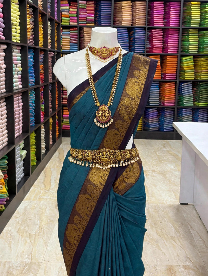 Premium Chettinad Cotton Saree | Traditional Gold Zari Border Cotton Saree | Soft & Comfortable Saree
