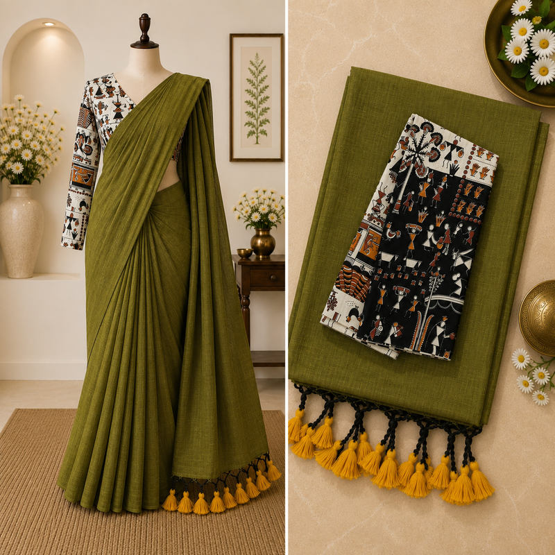Khadi Cotton Saree with Kalamkari Blouse | Olive Green | Sri Nandhini Tex | Code: SNTCK102