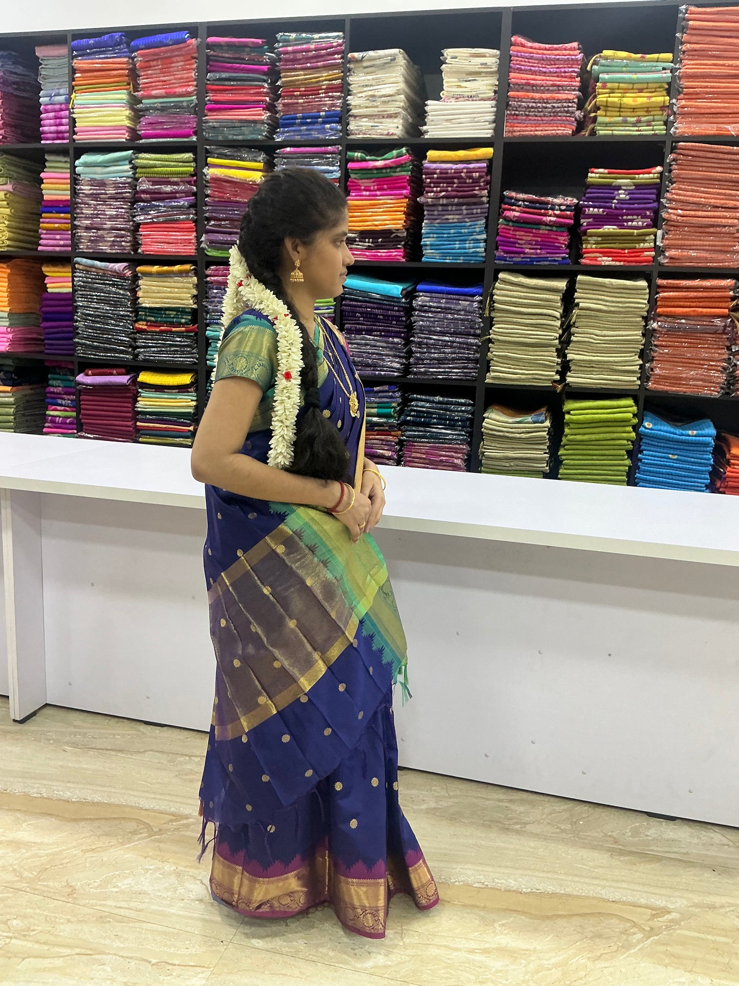 Premium Kanchi Soft Silk Saree – Indigo Blue with Copper Gold Zari Border | Festive Silk Saree | Sri Nandhini Tex | SNTPSN01