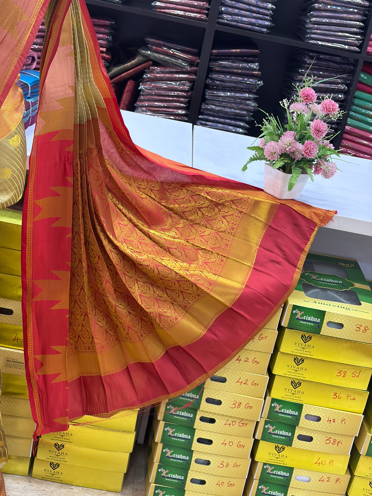 Premium Semi Silk Saree – Taupe Gold with Red Contrast Pallu | ₹550 | Sri Nandhini Tex | Code: SNTSLS001