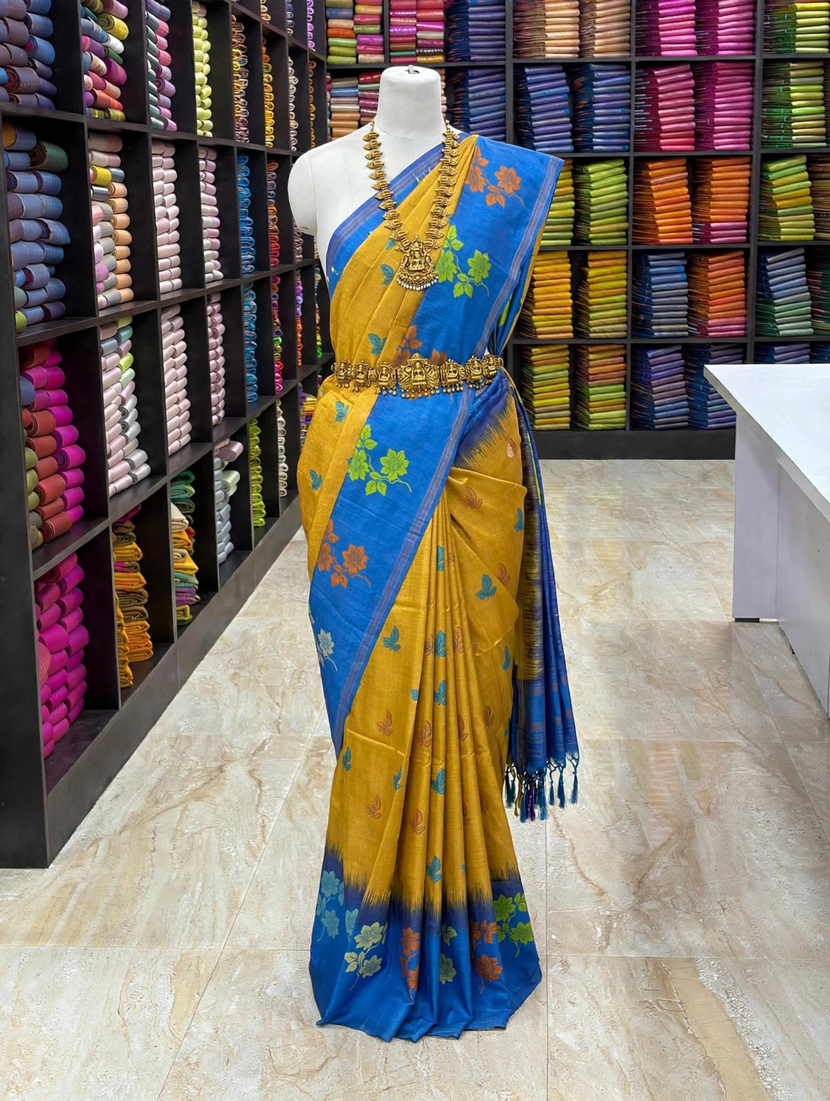 Tussar Soft Silk Saree | Floral Printed Soft Silk Saree | Elegant Contrast Pallu Saree | Sri Nandhini Tex