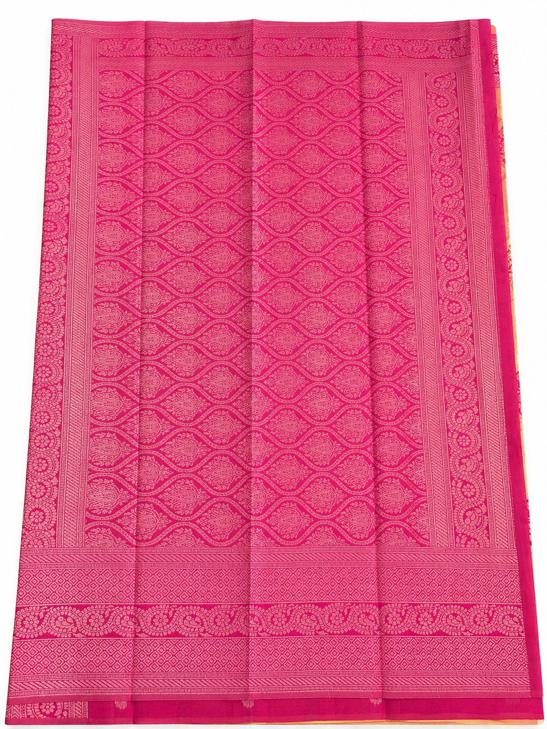 Neelambari Silk Saree | Golden Peach with Rani Pink Zari Border | Traditional Jacquard Weave | Sri Nandhini Tex SNTNS002