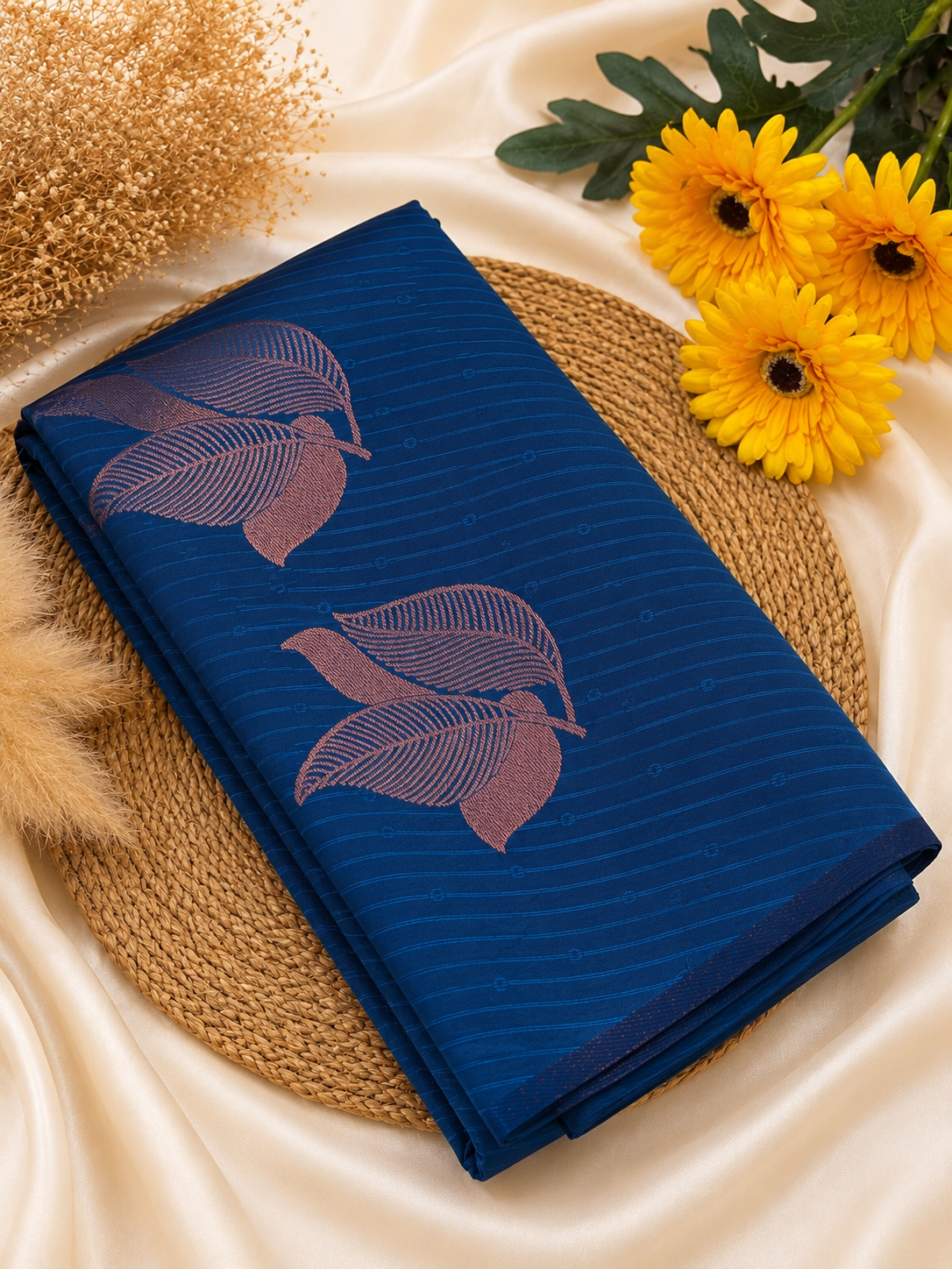 Semi Soft Silk Saree | Elegant Leaf Motif Weave | Navy Blue | Sri Nandhini Tex | Code: SNTPAOS85