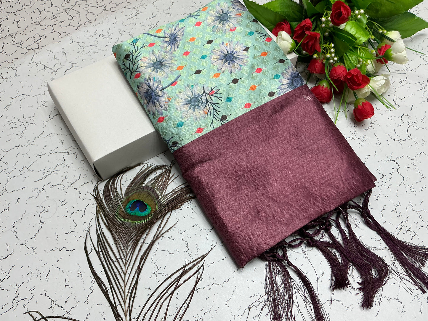 Digital Softy Saree – Aqua Mint with Blue Floral & Maroon Border