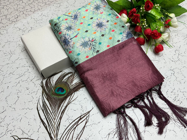 Digital Softy Saree – Aqua Mint with Blue Floral & Maroon Border