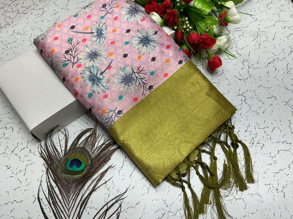 Digital Softy Saree – Baby Pink with Floral Print & Olive Gold Border