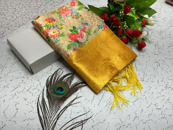 Digital Softy Saree – Beige Floral Body with Golden Zari Border