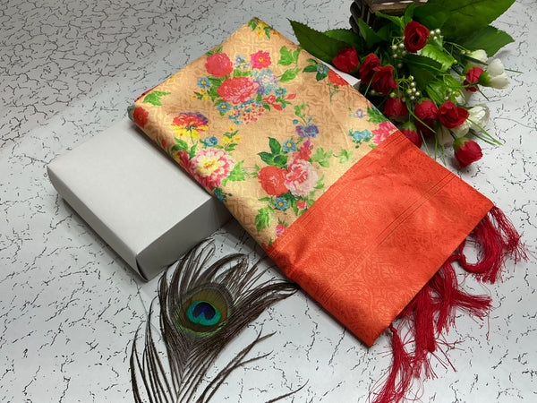 Digital Softy Saree – Beige Peach with Rose Bouquet & Orange Border