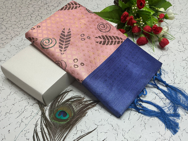 Digital Softy Saree – Blush Pink Leaf Print Body with Indigo Blue Border