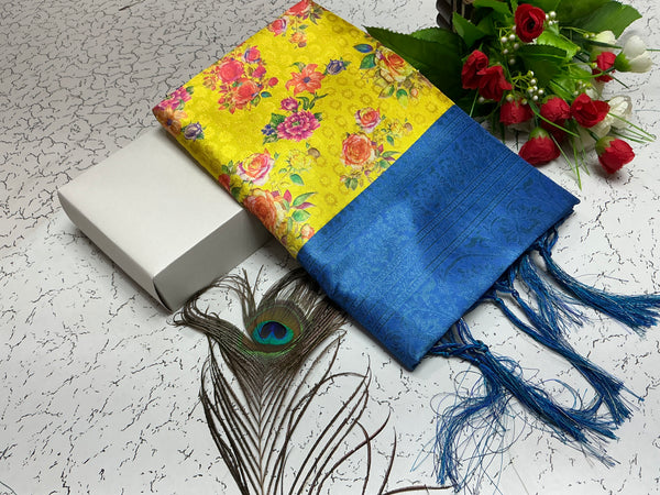 Digital Softy Saree – Bright Yellow Floral Body with Royal Blue Border