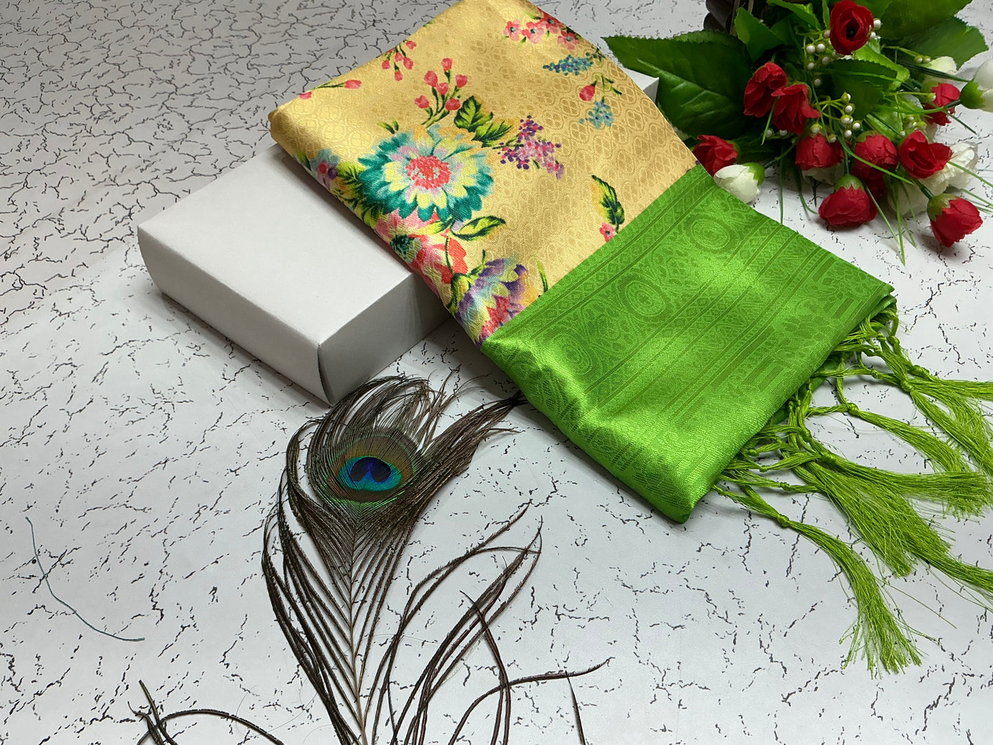 Digital Softy Saree – Cream Beige Body with Lime Green Border & Floral Bloom Print