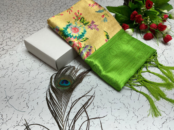 Digital Softy Saree – Cream Beige Body with Lime Green Border & Floral Bloom Print