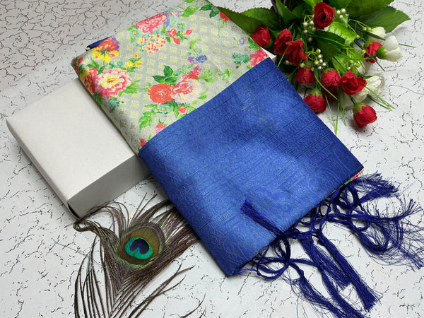Digital Softy Saree – Cream Ivory with Rose Garden & Royal Blue Border