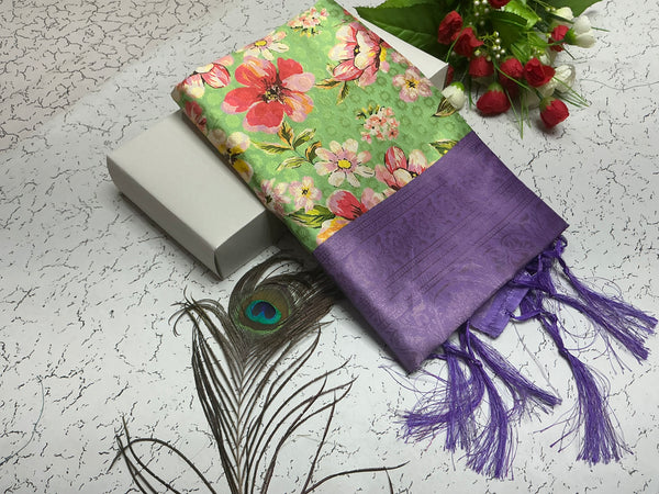 Digital Softy Saree – Fresh Green Floral Body with Violet Border