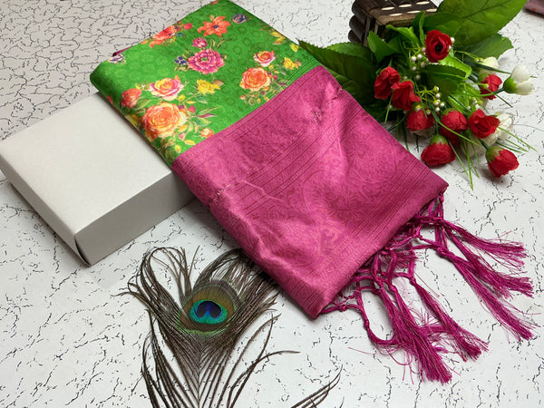 Digital Softy Saree – Green Floral Body with Pink Border