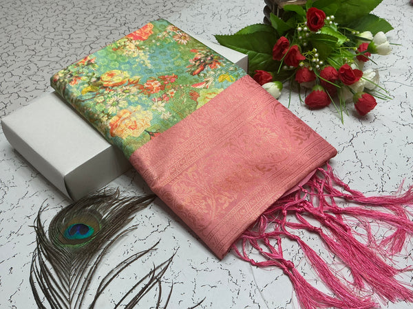 Digital Softy Saree – Green Garden Body with Peach Pink Border