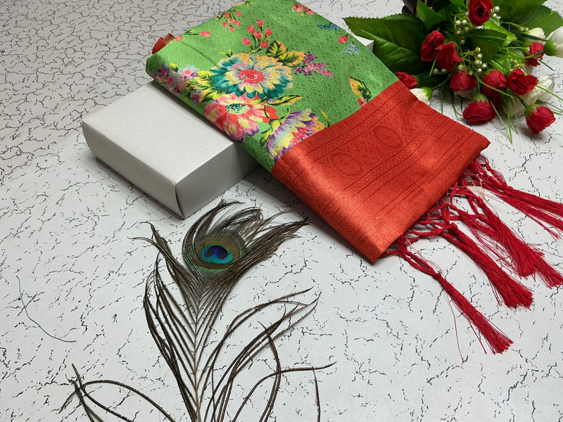 Digital Softy Saree – Leaf Green Floral Body with Bright Red Border