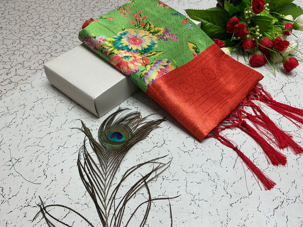Digital Softy Saree – Leaf Green Floral Body with Bright Red Border