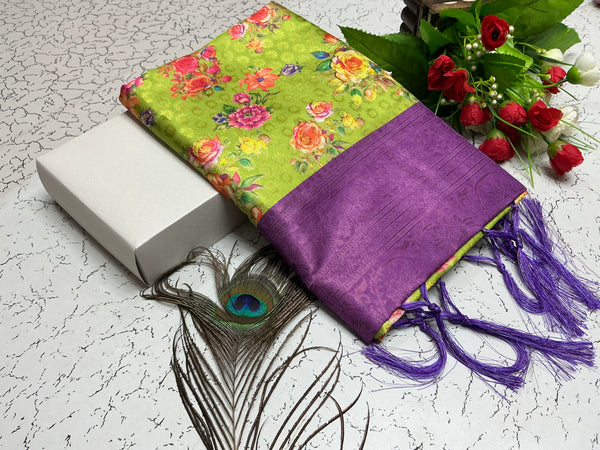 Digital Softy Saree – Leaf Green Floral Body with Violet Border