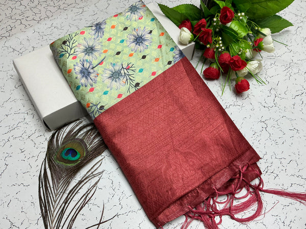 Digital Softy Saree – Leaf Green with Multicolor Floral & Rust Red Border
