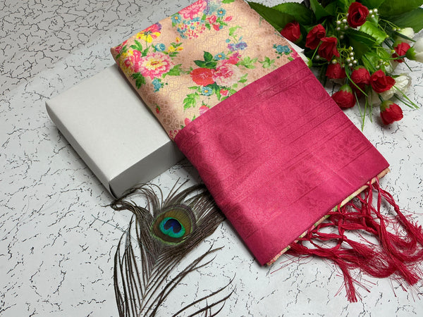 Digital Softy Saree – Light Beige with Garden Floral & Rani Pink Border